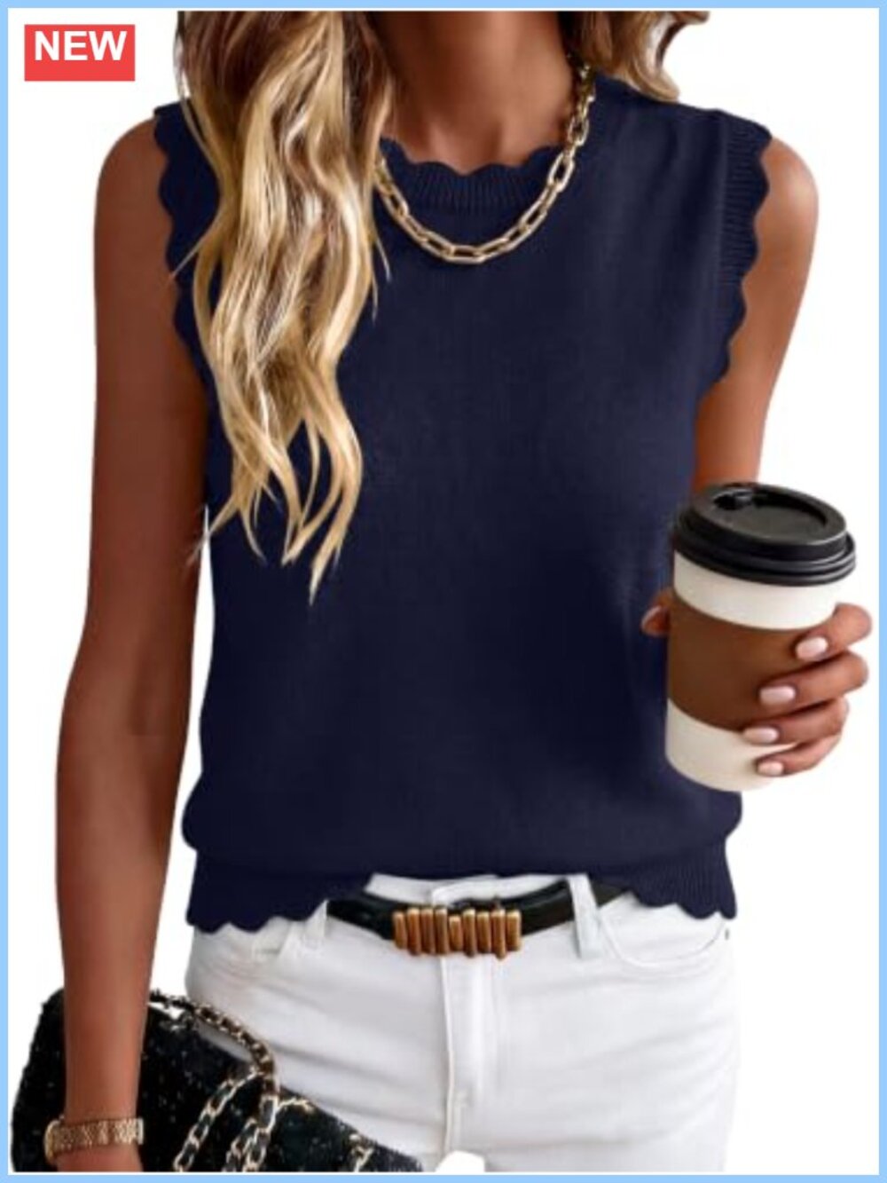 Sleeveless Scallop Trim Sweater Vest Crew Neck Knit Tank Top